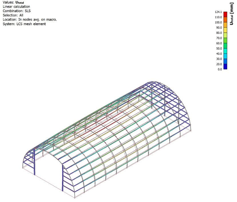 Three dimensional structural analysis model of the arched frame showing deflection results