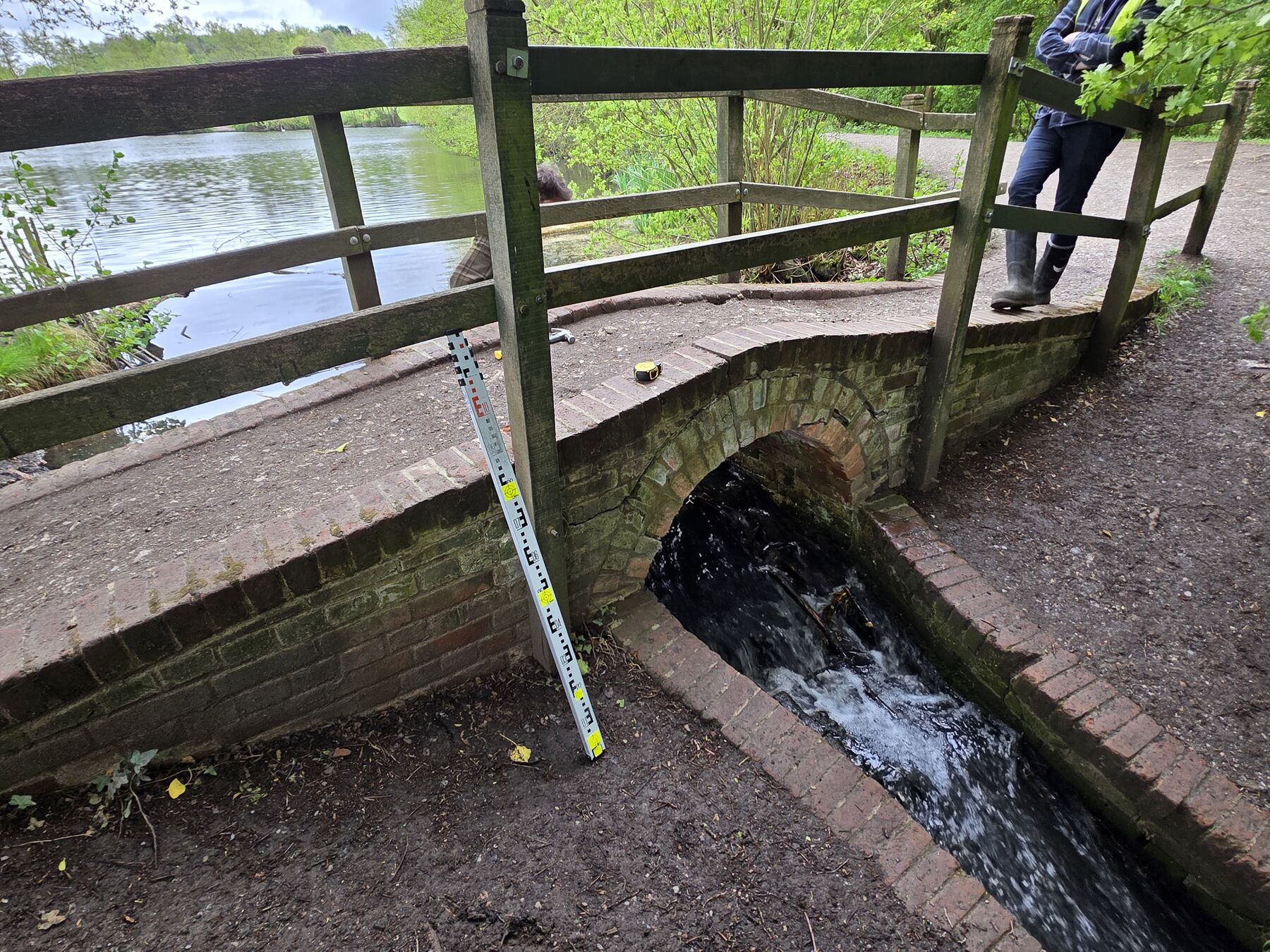 Masonry arch bridge over a watercourse with staff gauge in place during inspection