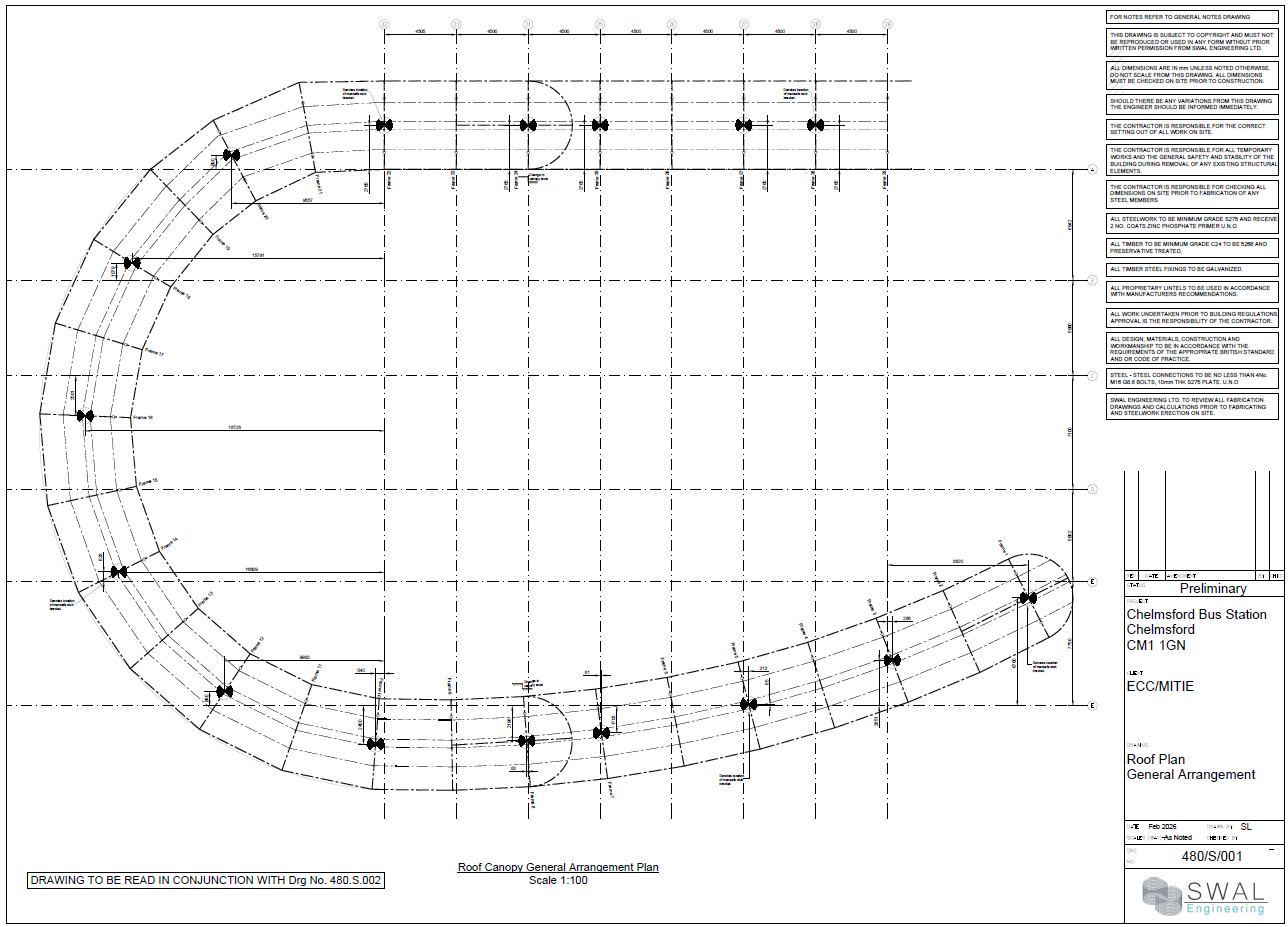 SWAL Engineering general arrangement drawing of the bus station canopy roof plan