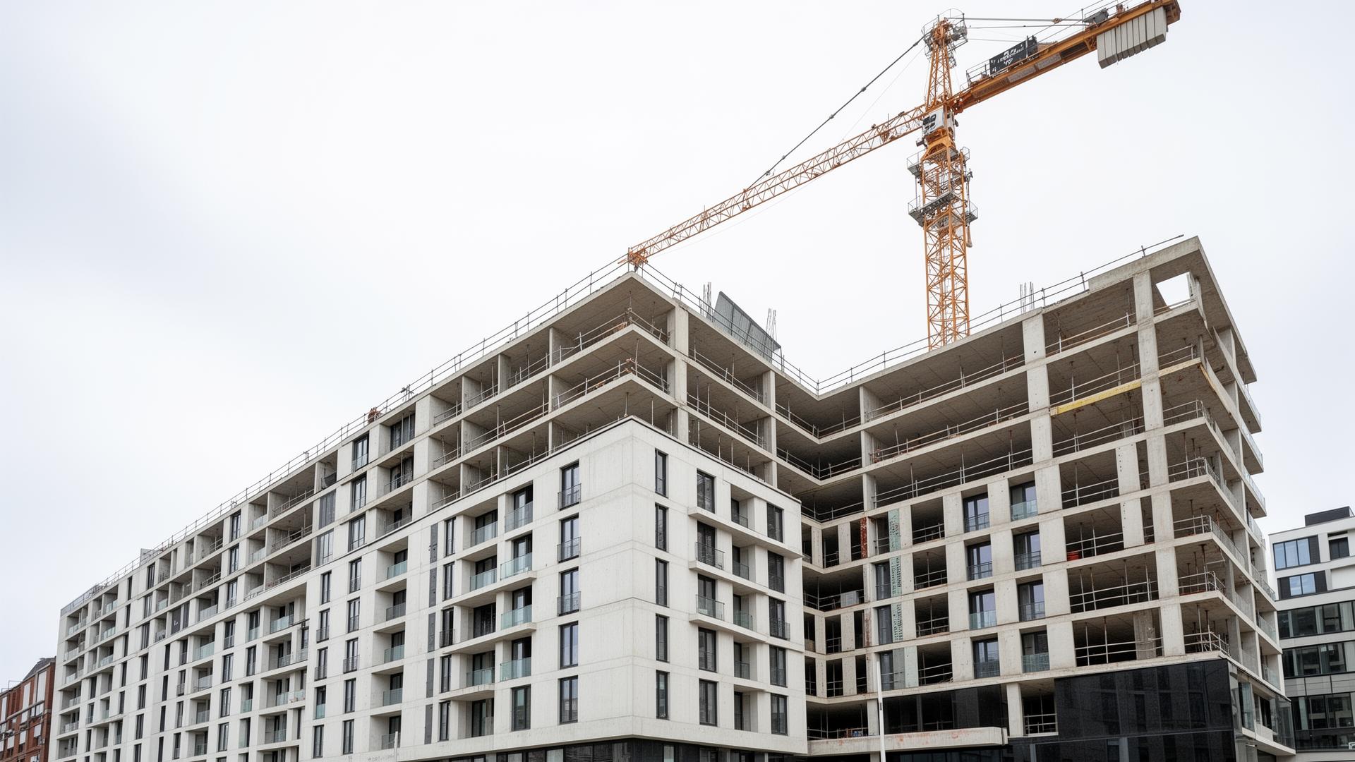 Mid-rise residential development under construction with exposed concrete frame and tower crane